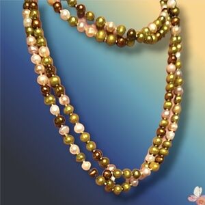 Genuine Freshwater Pearl Necklace Long No-Clasp Strand Green Bronze Ivory 34LLB